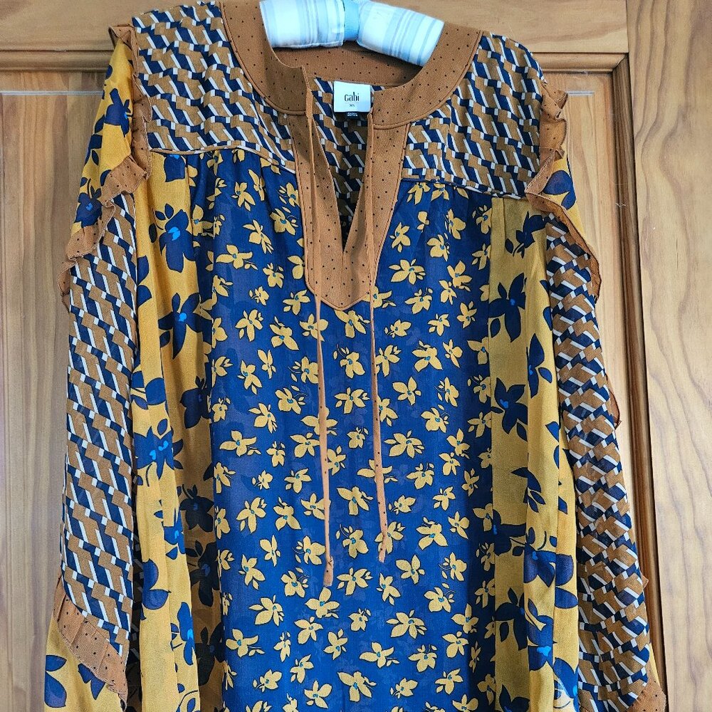 CAbi Womens Harmony Blue & Mustard Floral & Geometric Blouse #3953 Size XS